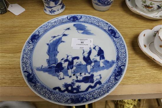 A Chinese blue and white vase, a similar plate and a Japanese vase Plate 24cm diameter